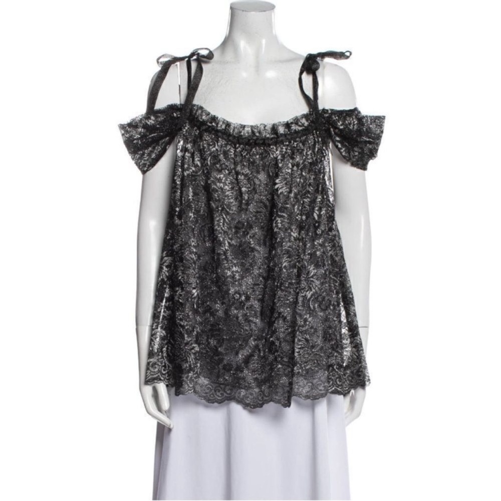 Anna Sui Metallic Silk Lace Blouse Off Shoulder Tie Floral Ruched Designer Top